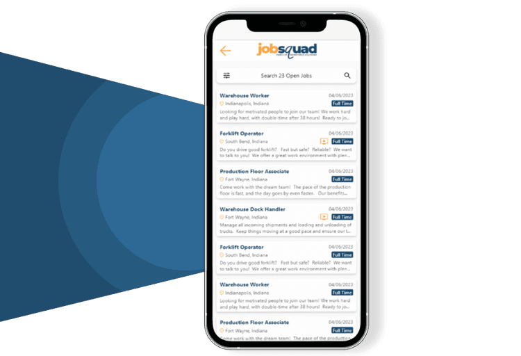 Aplicación JobSquad mostrando empleos abiertos