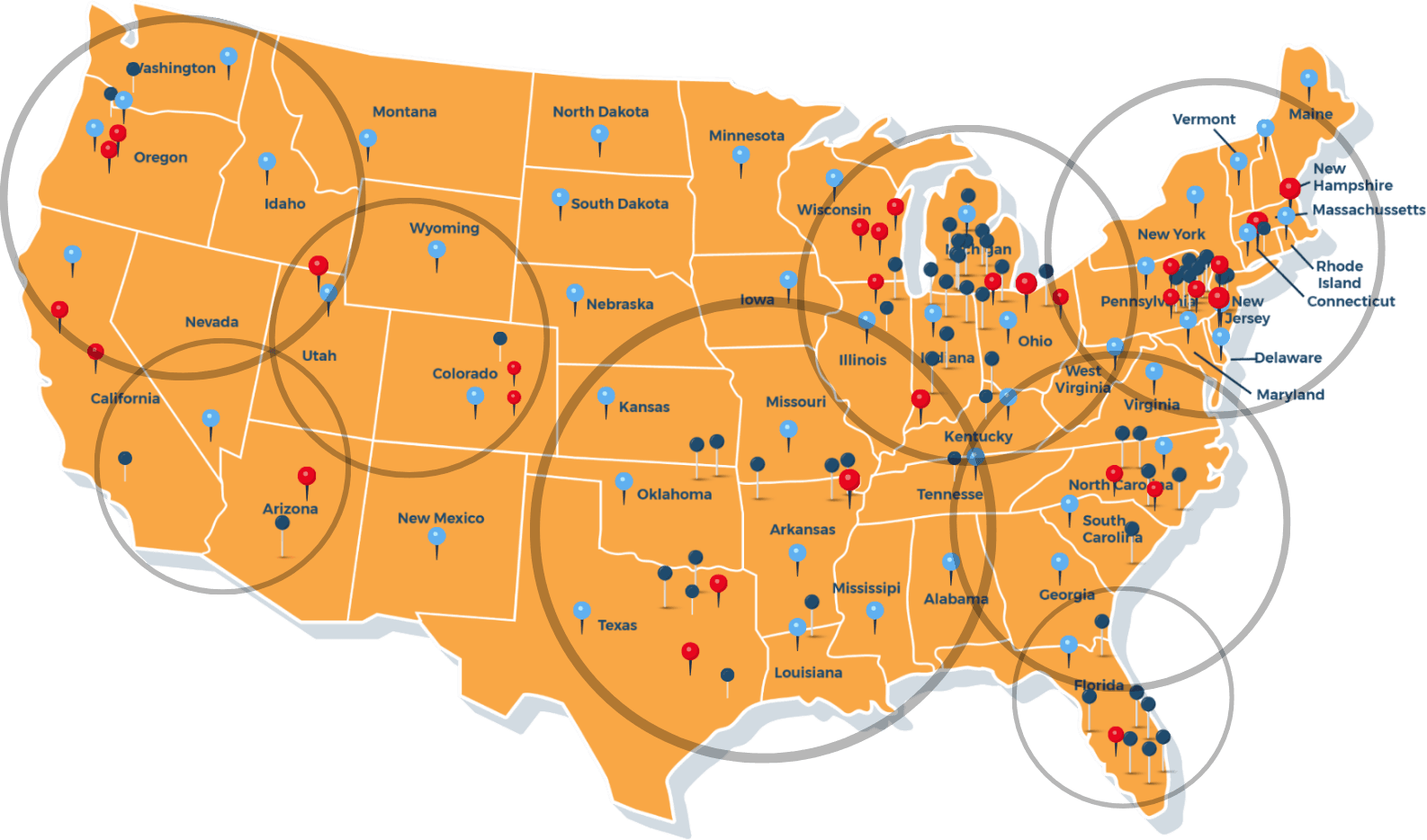 Mapa ilustrado de la cobertura de JobSquad en Estados Unidos
